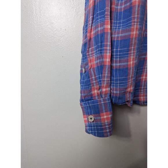 UNTUCKit Blue Red Plaid Size L 100% LINEN Button Down Casual Shirt Front Pocket - Picture 2 of 9